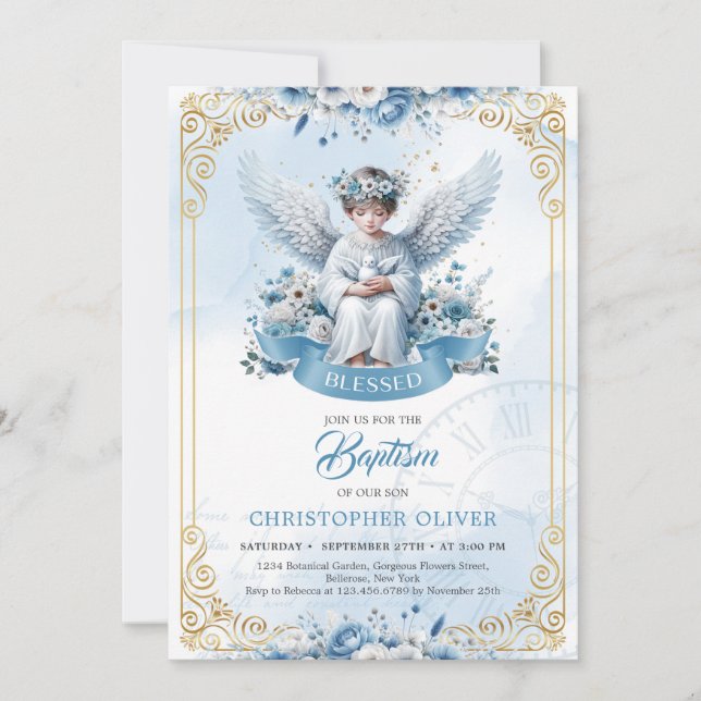 Pojken "Baptism" i Cute angel blåa blommor guld ra Inbjudningar (Framsida)
