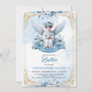 Pojken "Baptism" i Cute angel blåa blommor guld ra Inbjudningar