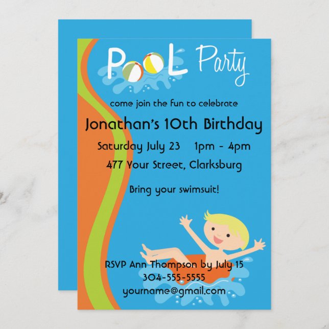 Pojken Blonde från Bassäng Party Inbjudningar (Fram/baksida)