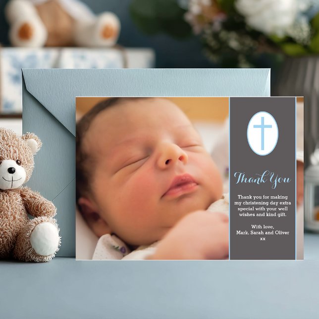 Pojken Christing/Baptism Tack för ditt kort (A sweet way to say thank you 💙 Personalize this baby boy christening thank you card with your photo)