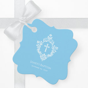 Pojken döper Baby Blue Cross i Crest-dop Gåvor Etiketter