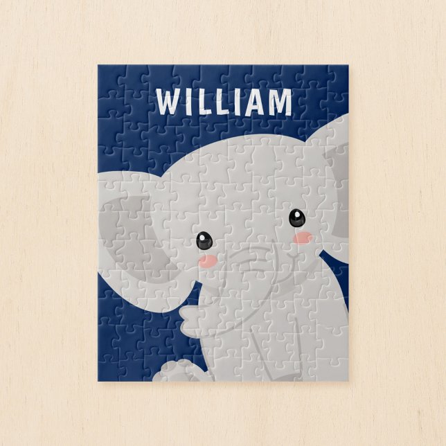 Pojken Elephant Navy Blue Personlig Kids Pussel (Skapare uppladdad)