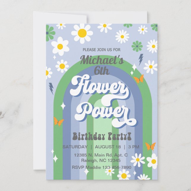 Pojken Flower Power Birthday Bjud, Inbjudan. Inbjudningar (Framsida)