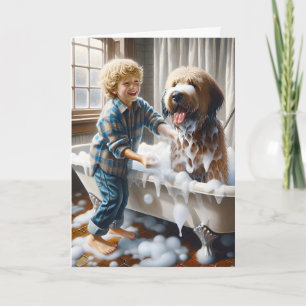 Pojken Ge sin Hund Bath för födelsedagen Kort