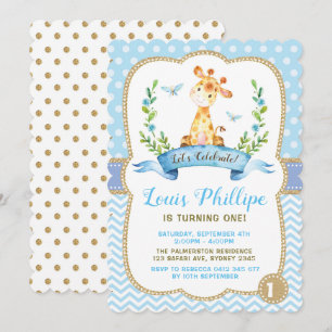 Pojken Giraffe Birthday Inbjudan Blue & Guld Party