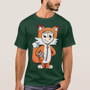 Pojken i en rävkostym med en mus i fickan t shirt