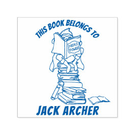 Pojken läser bokar namn ungar bibliotek frimärke självfärgande stämpel