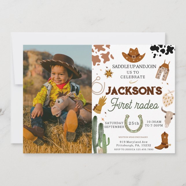 Pojken Min första Rodeo-foto Cowboy 1:a födelsedag Inbjudningar (Framsida)