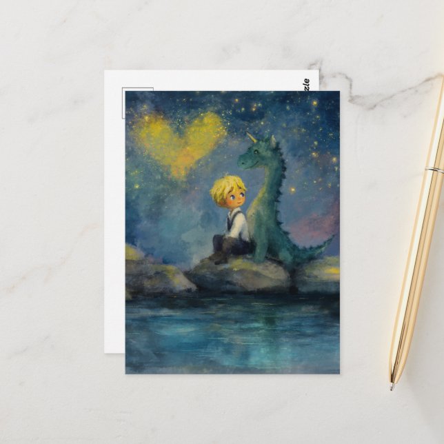 Pojken och hans drak vid dammen vykort (Fram/Back In Situ)