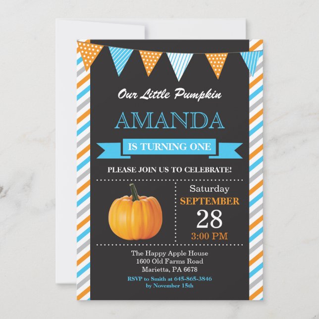 Pojken Pumpkin Birthday Inbjudan Orange och Blue (Framsida)