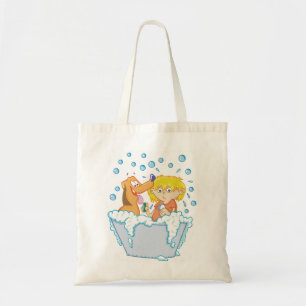 Pojken som tvättar en hundtoto, hänger lös tygkasse