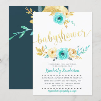 Pojken Teal Blue Guld Blommigt Baby Shower-inbjuda Inbjudningar