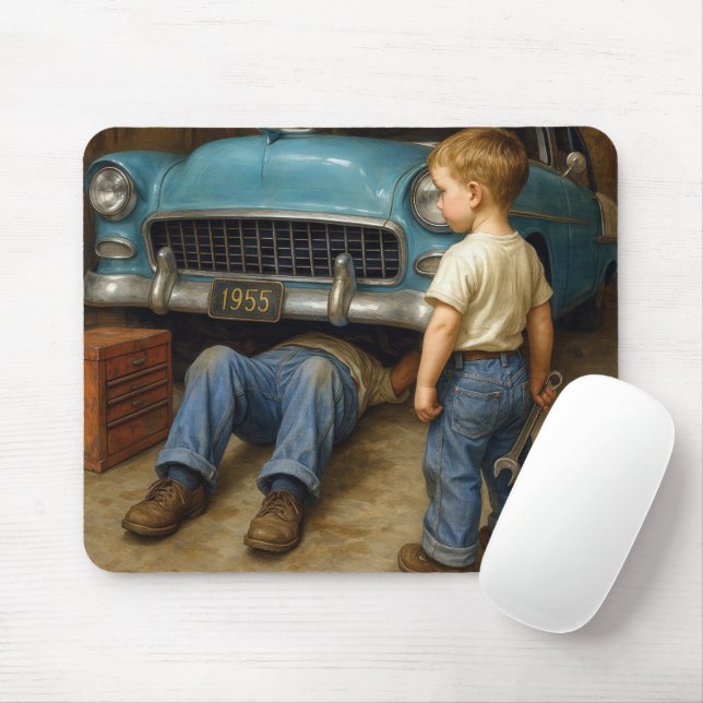 Pojken tittar på Pappa arbetar 1955 Chevy Musmatta (Med mus)