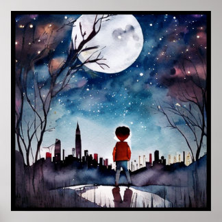 Pojken under Full Moon Watercolor Poster