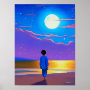Pojken vid Beach, Gazing vid Måne Poster