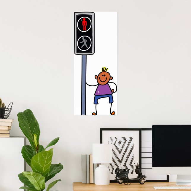 Pojken vid fotgängarkorsning med röd stoppsignal poster (Skapare uppladdad)