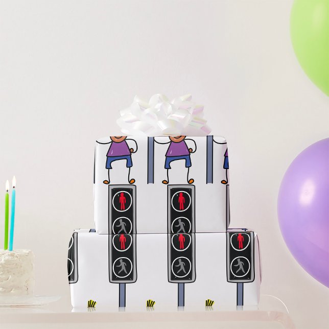 Pojken vid fotgängarkorsning med röd stoppsignal presentpapper (Skapare uppladdad)