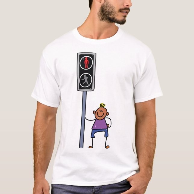 Pojken vid fotgängarkorsning med röd stoppsignal t shirt (Framsida)