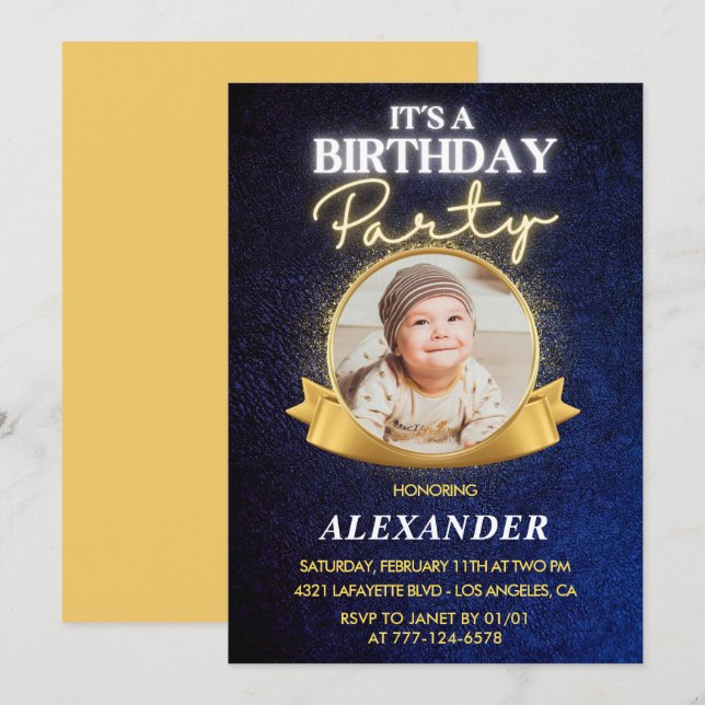  Pojkens 1-års inbjudan  Elegant Chic Foto (Fram/baksida)