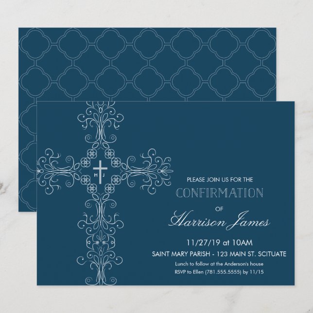 Pojkens bekräftelseinbjudan till Kor, Monogram Inbjudningar (Fram/baksida)