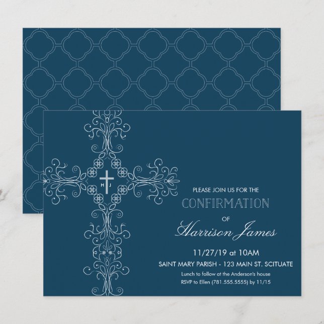 Pojkens bekräftelseinbjudan till Kor, Monogram Inbjudningar (Fram/baksida)