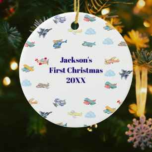 Pojkens första jul akvarell flygplan moln julgransprydnad keramik