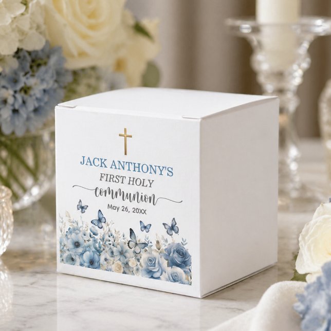 Pojkens första kommunion Guld Kors Blå Blommor Presentaskar (Skapare uppladdad)