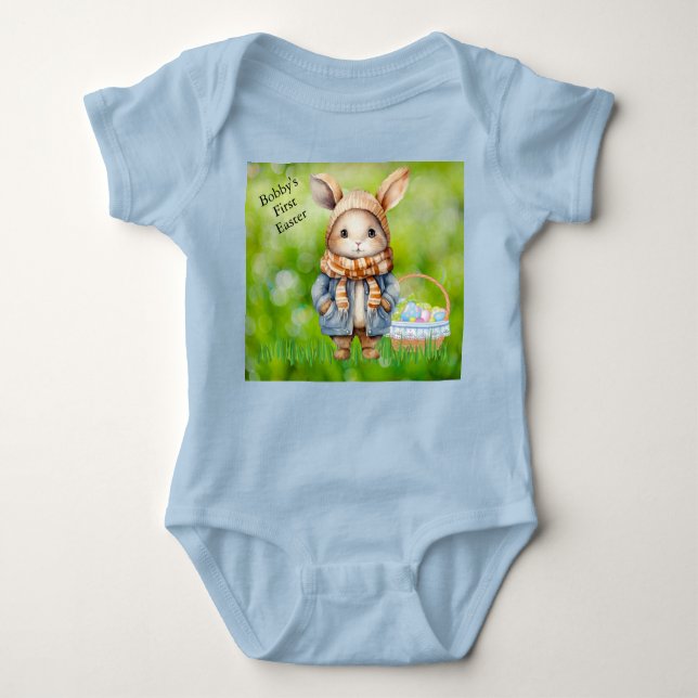 Pojkens första påsk Lägg till namn Söt baby bodysu T Shirt (Framsida)