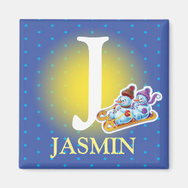 Pojkens första snögubbar som skickar kylskåp magnet