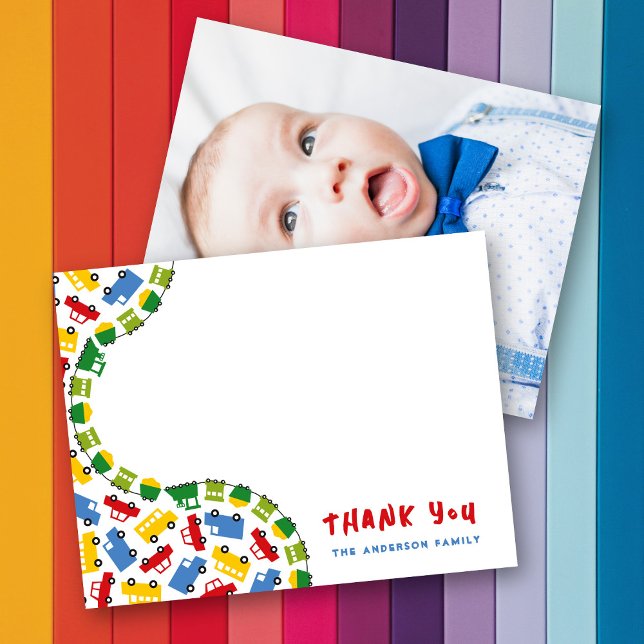 Pojkens leksaker Färgglada bil buss lastbil & tåg  Tack Kort (Boy's Toys Colorful TRnsport Car Bus Truck & Train Baby Boy Photo Thank You Card @ fatfatin_mini_me)
