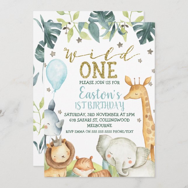 Pojkens Safari-Vild en första födelsedag Inbjudningar (Fram/baksida)