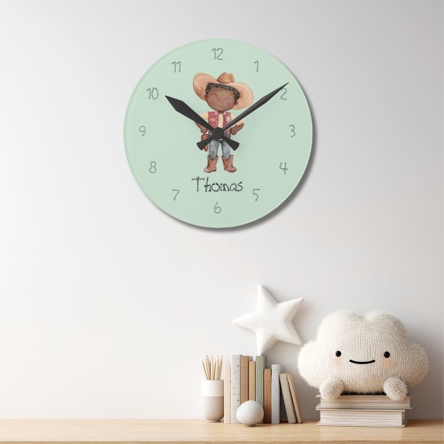 Pojkens söta blå cowboy-väggklocka rund klocka (Skapare uppladdad)