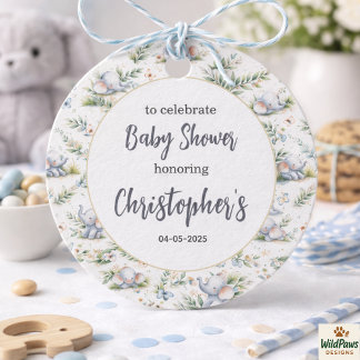 Pojkes elefantakvarell baby shower – Blå Safari Gåvor Etiketter