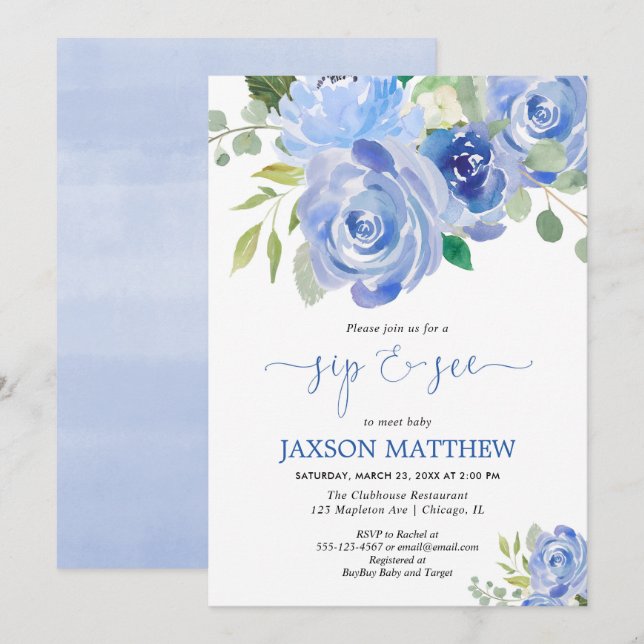 Pojkesmutten och ser blåttblommigtvattenfärger inbjudningar (Fram/baksida)