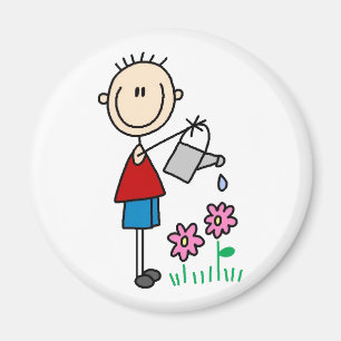 Pojkestick figur som bevattnar blommamagneten magnet