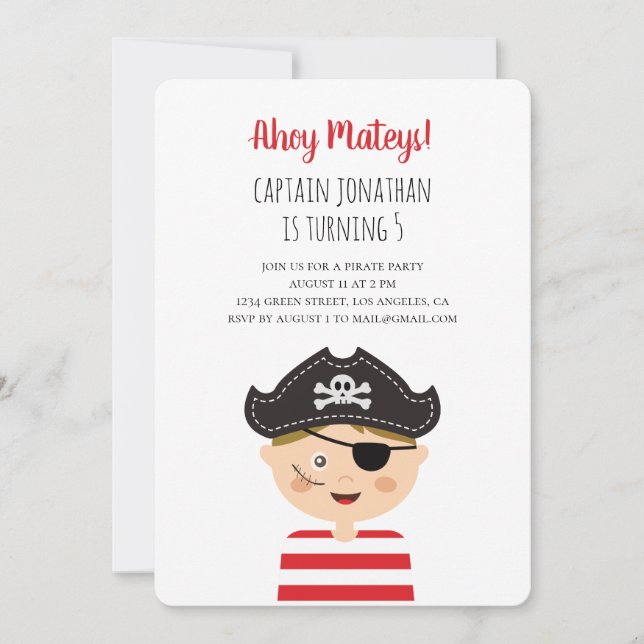 Pojkfödelsedag. Kids pirat party. Baby Inbjudningar (Framsida)