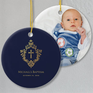 Pojkfödelsedags crest marinblå elegant falskt guld julgransprydnad keramik