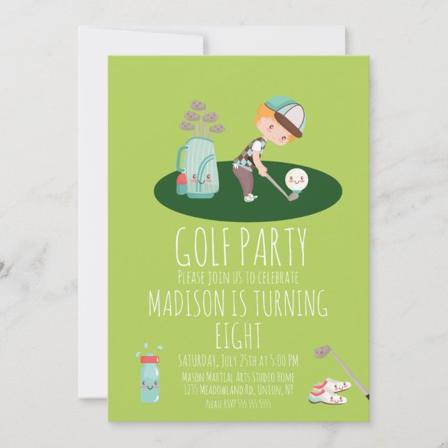 Pojkgolf Söt Födelsedagsfest Grön Inbjudningar (Framsida)