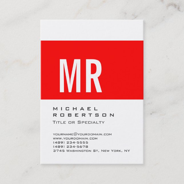 Pojkig rödrandig monogram vit visitkort (Framsida)
