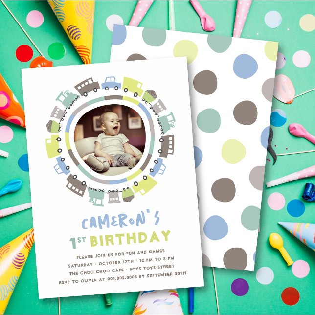 Pojkleker Rolig Transport Bild 1-års Födelsedagsfe Inbjudningar (Boy's Toys Pastel Blue Fun Transport Any Age / 1st Birthday Photo Kid's Party Invitation @ Zazzle)