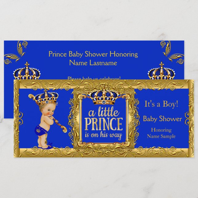 Pojkprins på väg Royal Blå Guld Blond Pojke Inbjudningar (Fram/baksida)