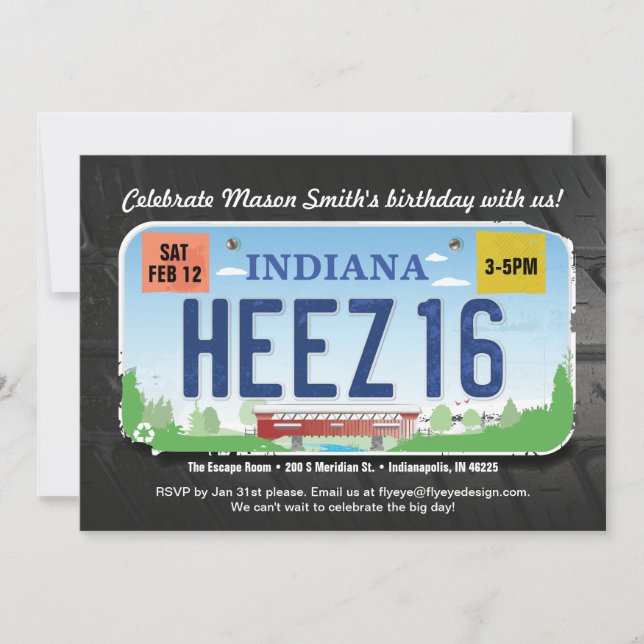 Pojks 16:e födelsedagsinbjudan till Indiana-licens Inbjudningar (Framsida)