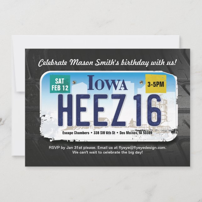 Pojks 16:e födelsedagsinbjudan till Iowa-licens Inbjudningar (Framsida)