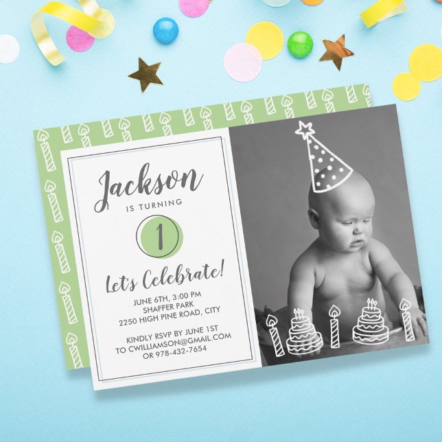 Pojks 1:a födelsedag Party Foto Candles Cake Inbjudningar (Skapare uppladdad)