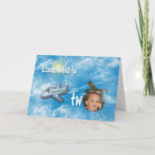 Pojks andra födelsedag med flygplan och foto ram kort