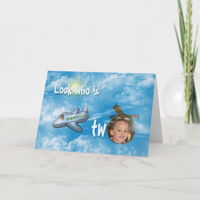 Pojks andra födelsedag med flygplan och foto ram kort (Framsida)