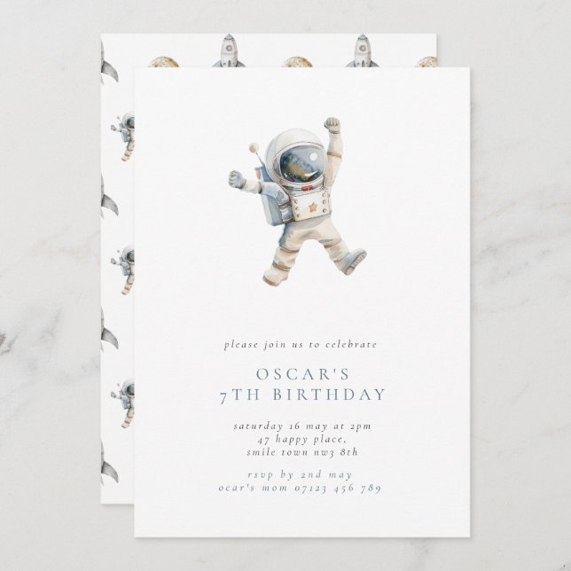 Pojks Astronaut-Födelsedagsfest för minimalistiskt Inbjudningar (Fram/baksida)