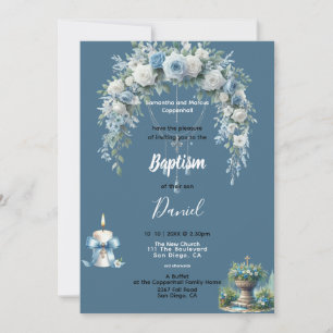 Pojks Baptism Blue Blommigt Inbjudningar