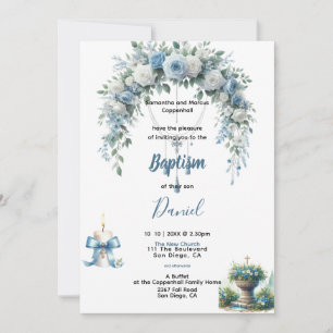 Pojks Baptism Blue Blommigt Inbjudningar