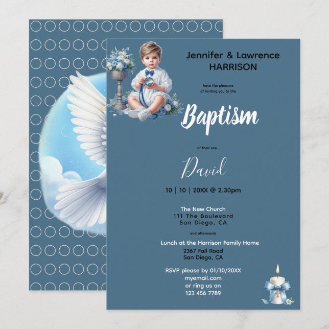 Pojks Baptism Blue Personlig Inbjudningar (Fram/baksida)